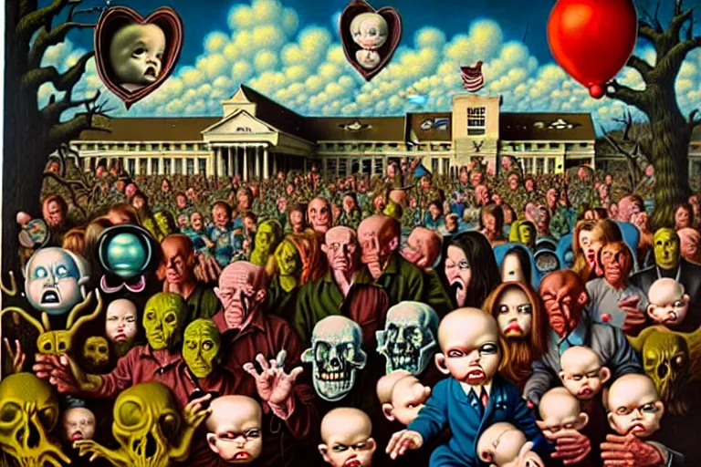 Image similar to a sparsely populated strange battle in an old hospital between old people and babies Robert Williams Mark Ryden and Alex Gross, Todd Schorr highly detailed deep perspective perfect composition