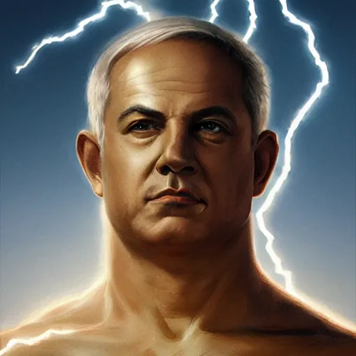 Image similar to benjamin netanyahu as a greek god of lightning, shooting lightning bolts, highly detailed, ultra clear, by artgerm and greg rutkowski