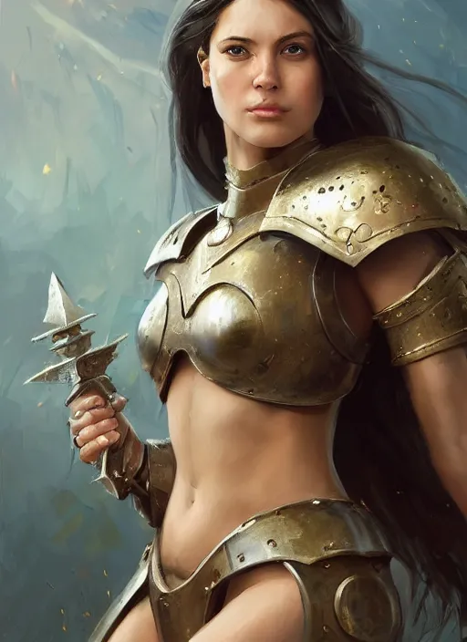 Image similar to a professional painting of an attractive young girl, partially clothed in battle armor, olive skin, long dark hair, beautiful bone structure, perfectly proportioned, nubile body, symmetrical facial features, intricate, elegant, heroic pose, digital painting, concept art, smooth, sharp focus, finely detailed, from Warhammer, by Ruan Jia and Mandy Jurgens and Artgerm and William-Adolphe Bouguerea