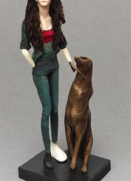 Prompt: Images on the store website, eBay, Full body, Miniature of a young woman stand next to dog