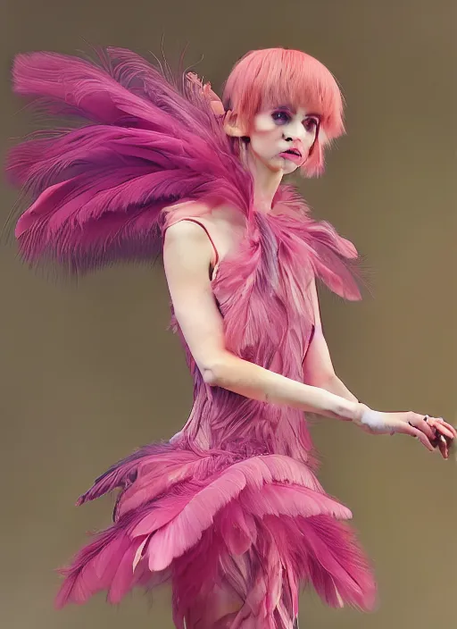 Image similar to beautiful little girl with an pink eccentric haircut wearing an dress made of feathers dancing on stage, artwork made by ilya kuvshinov, inspired in donato giancola, hd, ultra realistic, reflection, flowers, light, realistic face, bird, trending on pixiv, 8 k, ray tracing