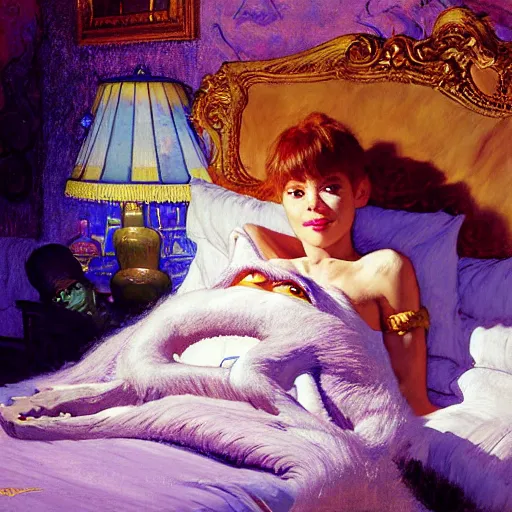 Image similar to portrait of sulley from monsters inc in bed. fantasy painting by gaston bussiere craig mullins jc leyendecker gustav klimt artgerm greg rutkowski john berkey, bergey, craig mullins, ruan jia, raymond swanland, tom lovell