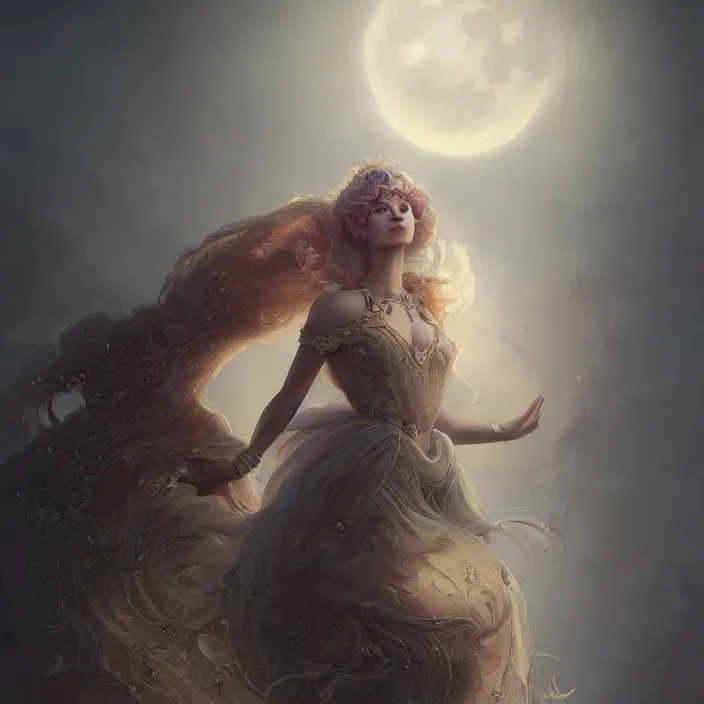 Image similar to a beautiful digital painting of a princess, princess, the moon behind her, intricate, cinematic lighting, highly detailed, digital painting, concept art, smooth, sharp focus, illustration, art by tom bagshaw, artgerm and greg rutkowski