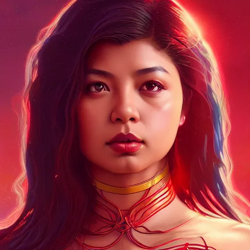 Image similar to young angel locsin as darna, volumetric lights, red and cyan theme, art nouveau botanicals, intricate, highly detailed, digital painting, artstation, concept art, smooth, sharp focus, cinematic, illustration, beautiful face, art by artgerm and greg rutkowski and alphonse mucha