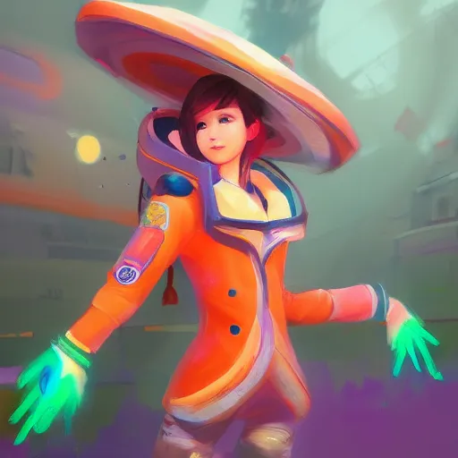 Image similar to magic mushroom, d. va from overwatch wearing orange puffy bomber jacket, craig mullins style