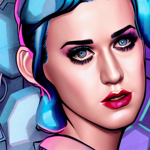 Image similar to katy perry portrait, borderlands, tales from the borderlands, the wolf among us, comic, cinematic lighting, studio quality, 8 k