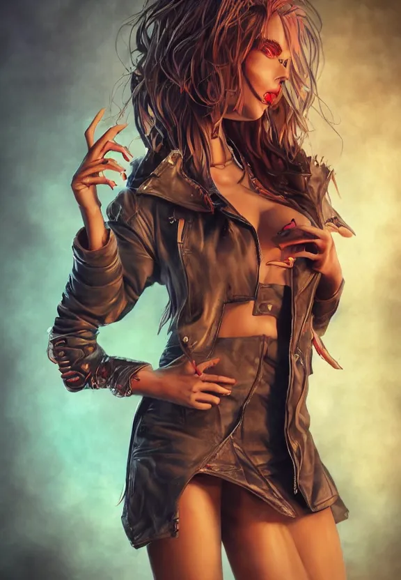 Image similar to full body illustration of a girl with eyes that burn like cigarettes wearing a mini skirt and a long jacket with fingernails that shine like justice, dramatic lighting, photorealistic, full body portrait, detailed anatomy, extreme detail, 4 k, colorful, confident, character concept art by artgerm and ben lo, octane render, detailed face, f / 2. 8