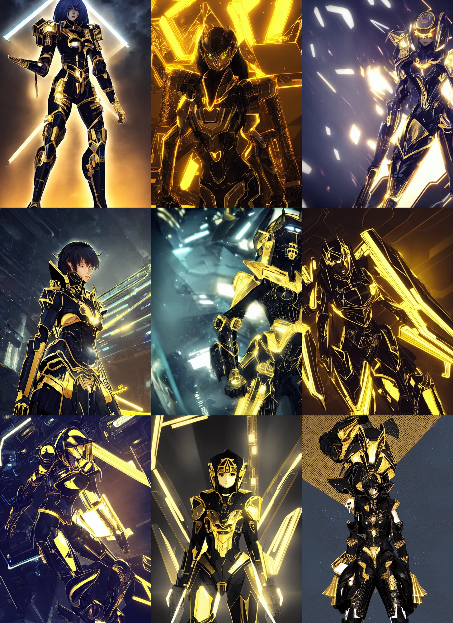 Prompt: woman wearing a black and gold cybertech anubis armor. angular, pointy hidari, blue neon lights, color page, tankoban, 4 k, tone mapping, akihiko yoshida.
