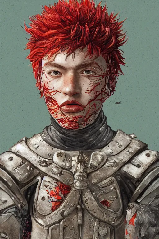 Image similar to portrait of beautiful young man, warhammer, japaneese style, more cyber armor, a lot of more scars, more and more flowers, red head, the middle ages, highly detailed, artstation, illustration, art by rene magritte, 8 k quality