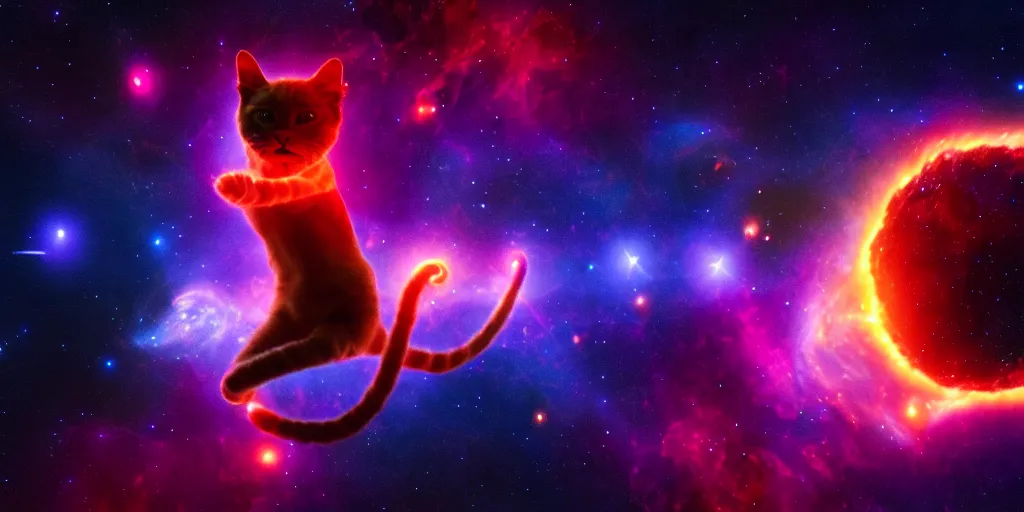 Prompt: 8 k uhd poser, redshift render of a dancing cosmic cat posing as shiva the destroyer, background stars an nebulae, volumetric lighting