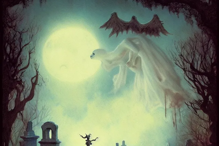 Image similar to casper the friendly ghost flying over a graveyard at midnight, cinestill, painted by james jean and gaston bussiere, very detailed and cute and cozy and transparent, backlight, fog, mist, trending on artstation, many other ghosts living in a haunted tree, haunted house in the background