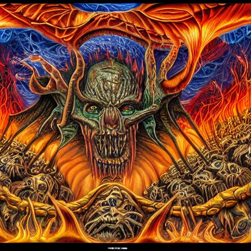 Image similar to horrifying monster in hell, maximalist, high detail, 8k, ornate, dark fantasy, realistic, masterpiece, Trending on art station, complex, Alex Grey