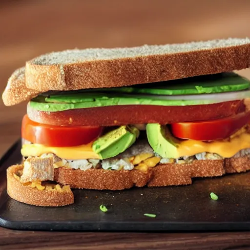 Image similar to everything made of sand, sandwich with fried tofu, one red tomato slice, mayo, onion, avocado, melted cheddar, red dish, background : jupiter and stars in the sky