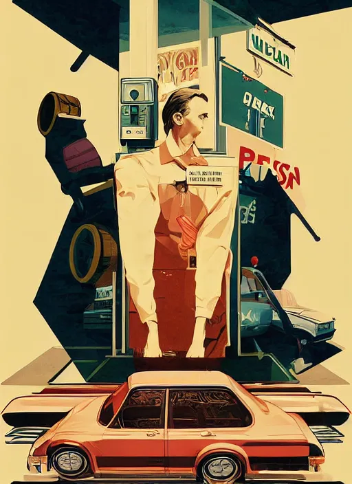 Prompt: poster artwork by Michael Whelan and Tomer Hanuka, Karol Bak of Steve Buscemi the local gas station attendant, from scene from Twin Peaks, clean, simple illustration, nostalgic, domestic, full of details