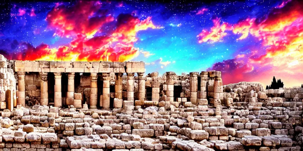 Image similar to a beautiful small fox in the huge ruins of the second temple in jerusalem, dreamy sky, the third temple hovers quietly hiding in the sky above, very colorful painting 8 k trending on art station, intricate superb details, digital art, very very very realistic, cinematic lighting, volumetric lighting, photographic, blur bokeh defocus dof sky by afremov.