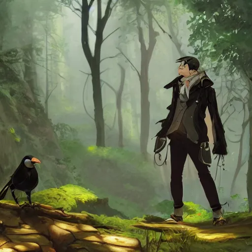 Image similar to concept art painting of a person with a head of a crow, with steampunk clothes, in the deep forest, realistic, detailed, cel shaded, in the style of makoto shinkai and greg rutkowski and james gurney