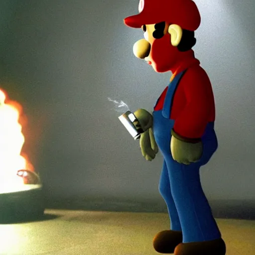 Prompt: Mario smoking a cigarette in a spooky David Lynch film aesthetic!!!