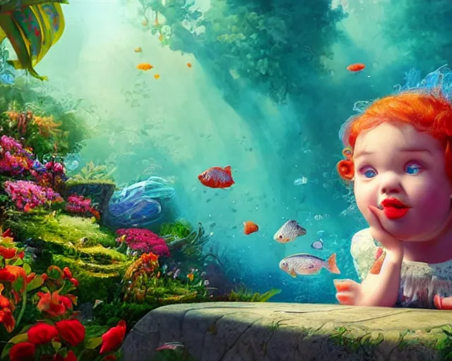 Prompt: of a very beautiful scene. a sweet fat little girl is in love with a huge, colorful and beautiful fish. hyper realistic. 4 k. wide angle. in the baroque style. wild. symmetrical face, red mouth, blue eyes. deep focus, lovely scene. processing block environment. concept art. unreal engine.