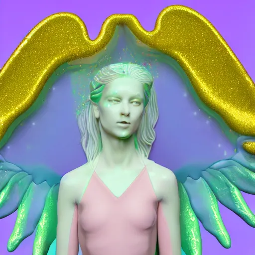 Prompt: angel in disguise, slimy slime drenched skinny divine holy androgynous being of glitter glue, pastel cute slime, 3 d polygon ui of neon ornamental rococo frames, 3 d render