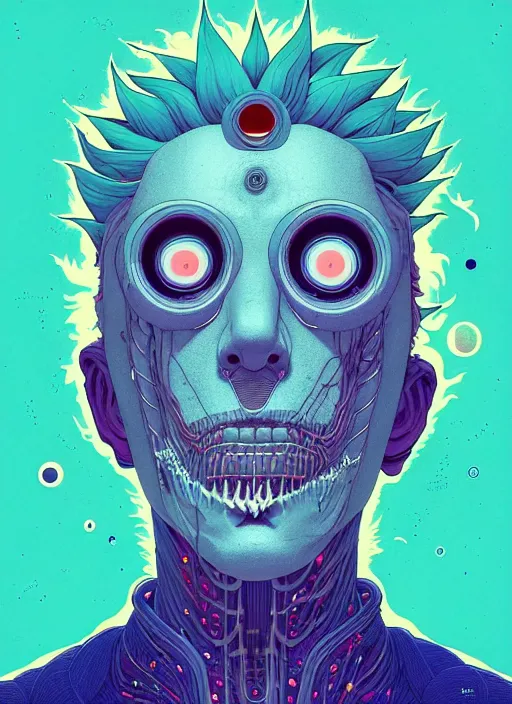 Prompt: symmetry!! stunning portrait of rick sanchez with blue hair, grey skin, wearing white lab coat, by victo ngai, kilian eng vibrant colors, dynamic lighting, digital art, winning award masterpiece, fantastically beautiful, illustration, aestheticly inspired by beksinski and dan mumford, upscale with simon stalenhag work, artstation, 8 k