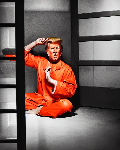 Prompt: Medium Shot Donald Trumps wearing orange pajamas in jail, american eagle biting his head, octane, dramatic lighting, editorial photo, 35mm, very detailed