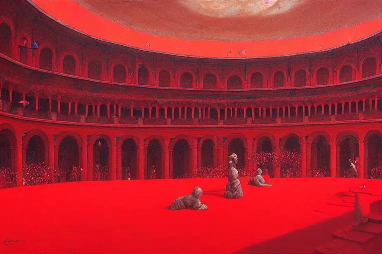 Image similar to only with red, a red great emperor, taormina amphitheatre, crowd with big smile, in the style of beksinski, parts by edward hopper, parts by rodcenko, parts by yue minjun, intricate and epic composition, red by caravaggio, insanely quality, highly detailed, masterpiece, red light, artstation, 4 k