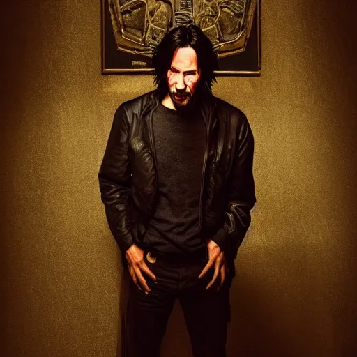 Image similar to keanu reeves if he was a character on a GTA loading screen, au naturel, hyper detailed, digital art, trending in artstation, cinematic lighting, studio quality, smooth render, unreal engine 5 rendered, octane rendered, art style by klimt and nixeu and ian sprigger and wlop and krenz cushart