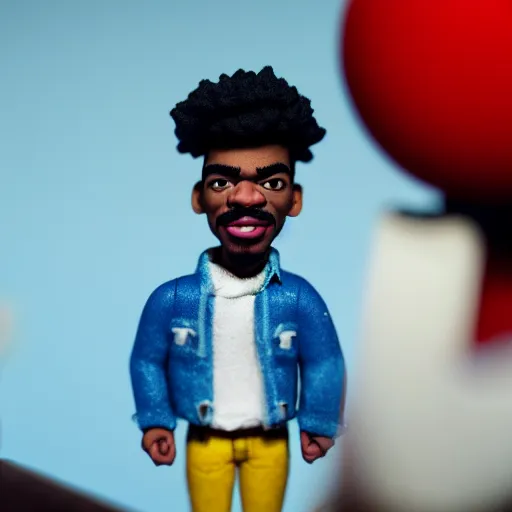 Image similar to a cinematic film still of a claymation stop motion film starring chance the rapper as a college student, shallow depth of field, 8 0 mm, f 1. 8