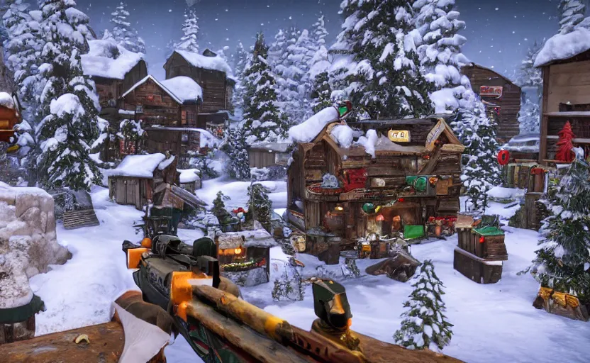 Prompt: Santa's workshop as a Call of Duty map