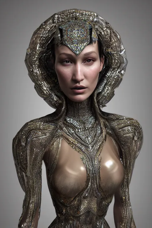 Prompt: a highly detailed 4 k render of a beautiful dmt alien goddess bella hadid in iris van herpen dress schiaparelli in diamonds in style of alphonse mucha trending on artstation made in unreal engine 4