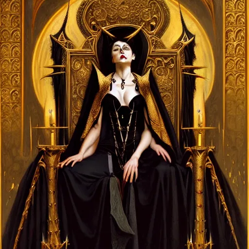 Image similar to full body portrait of beautiful vampire queen in gold gothic robes sitting on a throne of bones, elegant, highly detailed painting by gaston bussiere, craig mullins, j. c. leyendecker, 8 k, mid shot