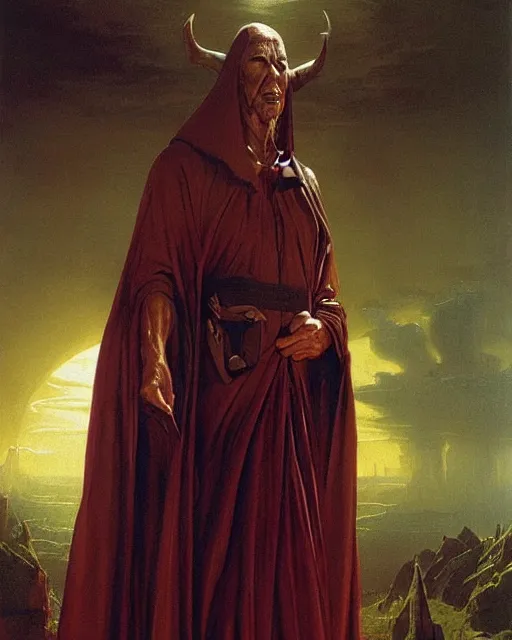 Prompt: A wizard. He has a very menacing expression. he wears robes. Award winning oil painting by Thomas Cole and Wayne Barlowe. Highly detailed