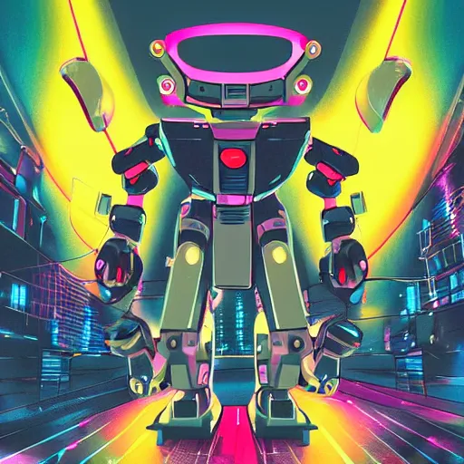 Prompt: A cell animation of a robot shredding a guitar solo in a futuristic city street, macross, gundam, ghibli style, illustration, anime, trending on artstaion