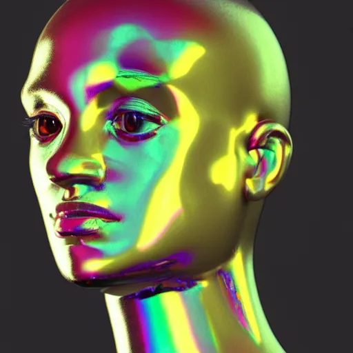 Image similar to 3d render of holographic human robotic head made of glossy iridescent, surrealistic 3d illustration of a human face non-binary, non binary model, 3d model human, cryengine, made of holographic texture, holographic material, holographic rainbow, concept of cyborg and artificial intelligence