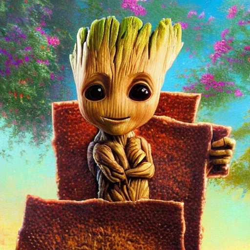 Prompt: painting of Baby Groot holding oversized piece of Matzah, Thomas Kinkade