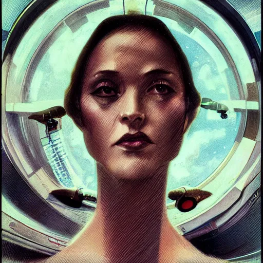 Image similar to detailed face of a woman, clockwork woman, moment, tectonic sky, skydome, bullet train, turbines, tech noir, wet reflections, prism, atmospheric, ambient, pj crook, syd mead, livia prima, greg rutkowski, edward hopper