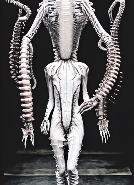 Image similar to walking down the catwalk, steven klein, show, stage, vogue photo, podium, fashion show photo, historical baroque dress, iris van herpen, beautiful woman, full body shot, masterpiece, inflateble shapes, alien, predator, guyver, jellyfish, white biomechanical details, highly detailed