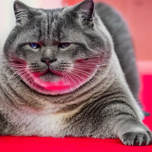 Image similar to a chonky cat, 1 0 5 mm photography, laying on a red carpet