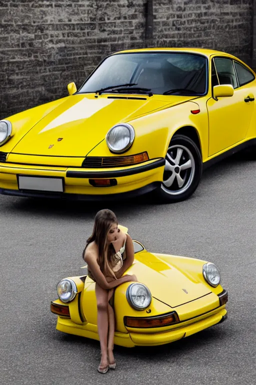 Image similar to Photo of a beautiful model leaning on a yellow Porsche 911 Carrera 3.2, daylight, dramatic lighting, award winning, highly detailed, fine art poster