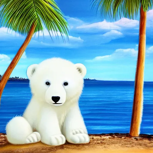 Image similar to cute fluffy white polar bear cub on beach landscape with palm trees detailed painting 4k