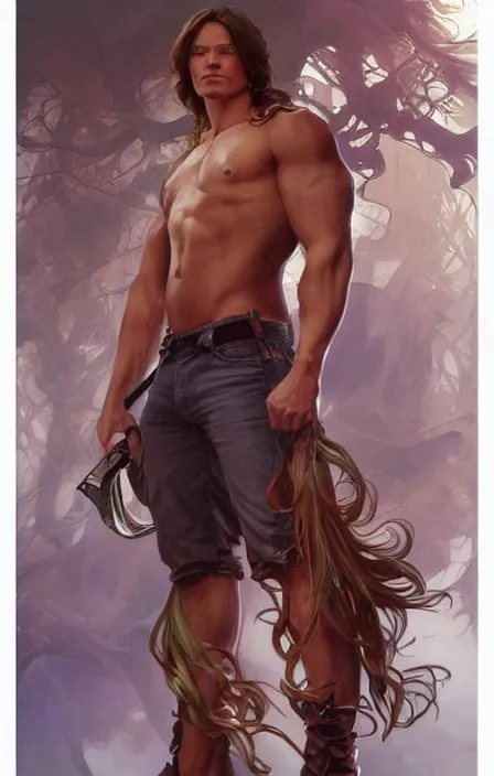 Image similar to pretty muscular sam winchester as a character in romance book art design, character concept, sharp focus!, ultra detailed, art by artgerm alphonse mucha, wlop