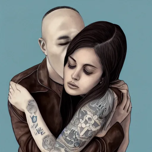 Prompt: Hot young woman, grey skin, void eyeballs, tattoos, wearing a leather jacket, hugging a shrouded person as they cry on her chest, comforting, touching, wholesome, painting, art, watercolour, siblings 4k, 8k