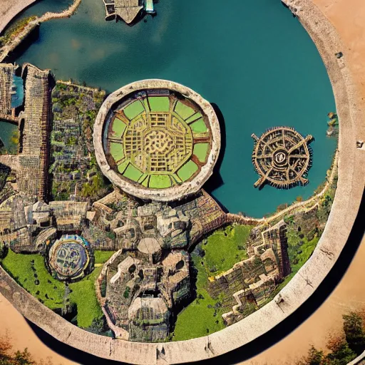 Prompt: Hexagon shaped steampunk city in the middle of a lake crater