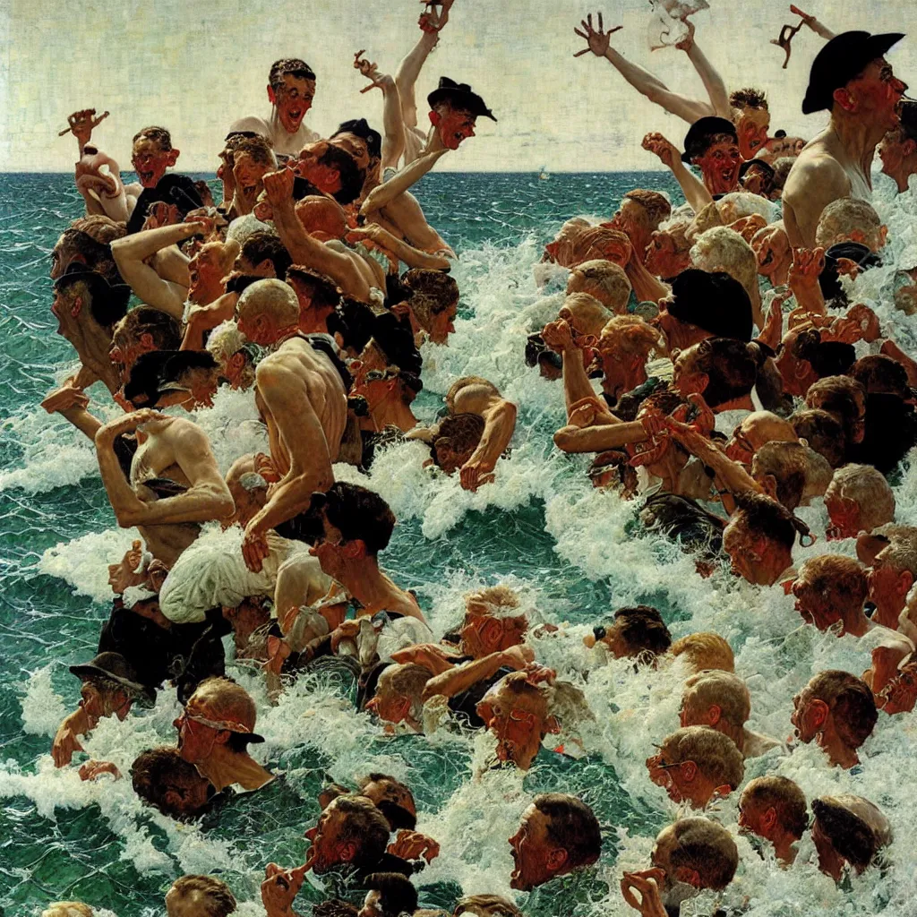 Image similar to the pandemonium of the sea becomes the man, oil on canvas, by norman rockwell