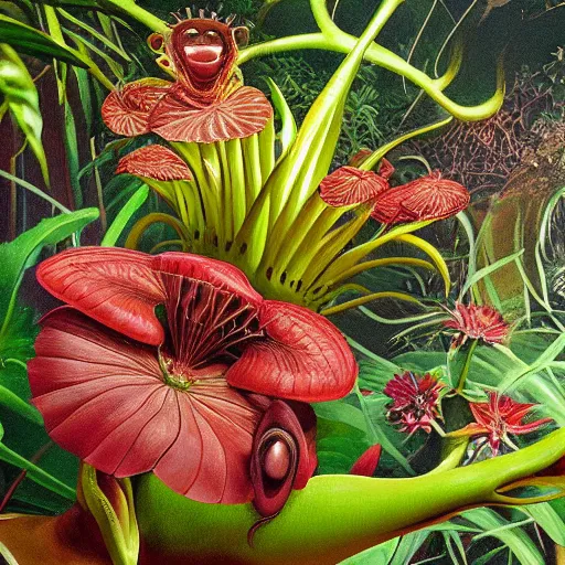 Image similar to flower venus flytrap grab mulatto in the jungle, epicaly surreally beautiful image, hyper-realistic, high resolution, hypnotic measurements , ultra detailed painting, epic visuals, absolutely outstanding, 16K