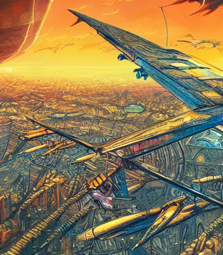 Prompt: hyper detailed comic illustration of a futuristic city, craft flying in the air and a golden hour sky in the background, by Android Jones intricate details, vibrant, solid background