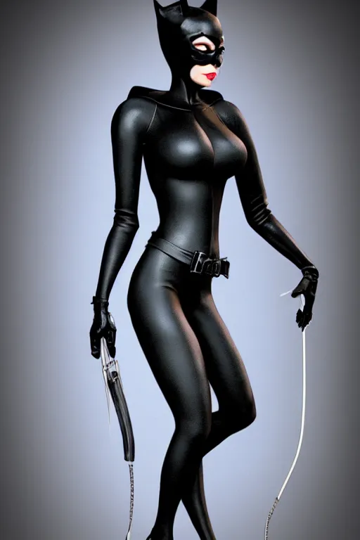 Prompt: full body 3d render of Catwoman in the style of Tim Burton, photorealistic, finalRender, octane, Unreal Engine