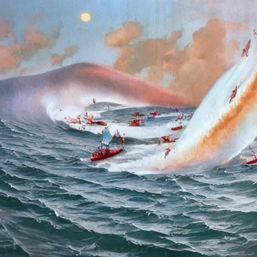 Image similar to by peter andrew jones, by rebeca saray tranquil. the installation art of a huge wave about to crash down on three small boats. the boats are filled with people, & they all look terrified.