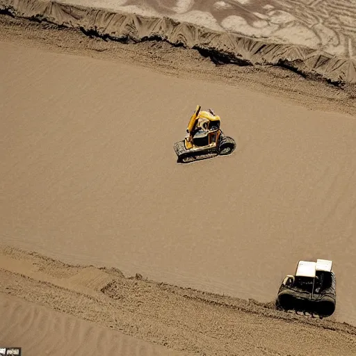 Prompt: in the distance, in the center of a large sandy quarry, a large golden ball lies in the sand, a broken excavator and a man in military uniform standing nearby, stylization is a grainy photo, high quality, depth of sharpness, emphasis and focus on the golden ball