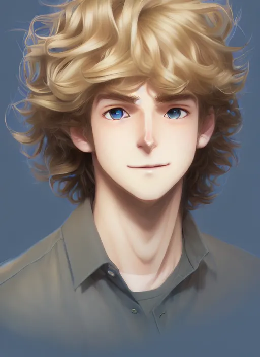 Prompt: beautiful young man with medium - length, curly, golden hair, perfectly proportioned face, aquamarine eyes, long eyelashes, shy smile, natural lighting, path traced, highly detailed, high quality, cartoon, digital painting, by new haicheng and studio ghibli